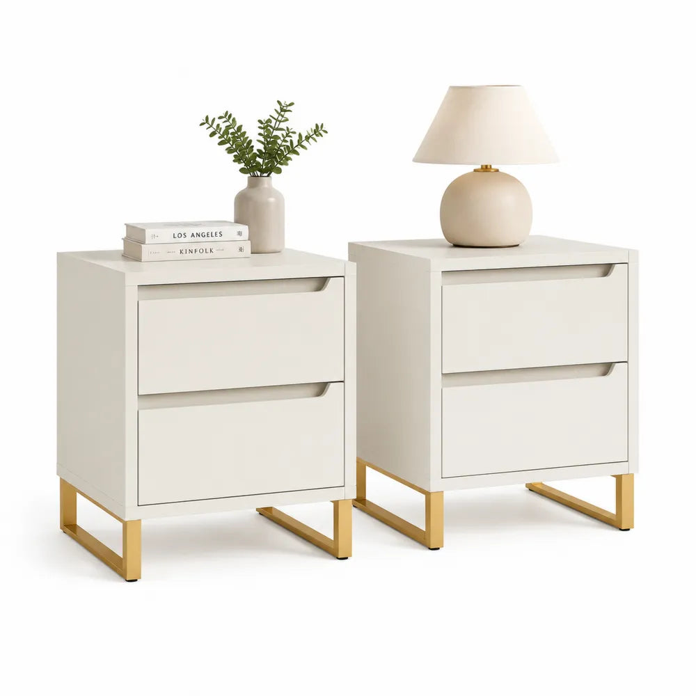 Nachttisch 2er Set 50x40 cm MDF Schubladen Metallfüße Weiß Gold Rechteckig