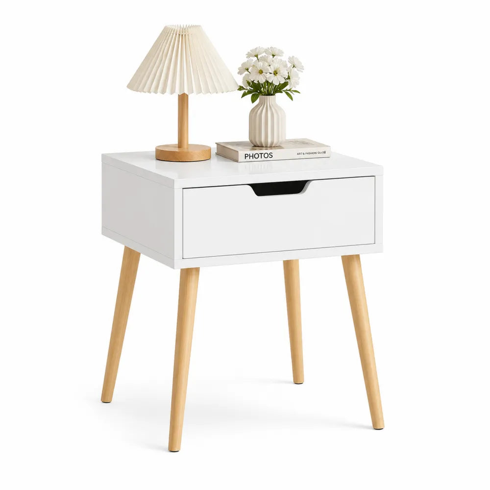 Nachttisch Beistelltisch 40x35x60 cm MDF Holzwerkstoff Weiß mit Schublade und Massivholzbeinen