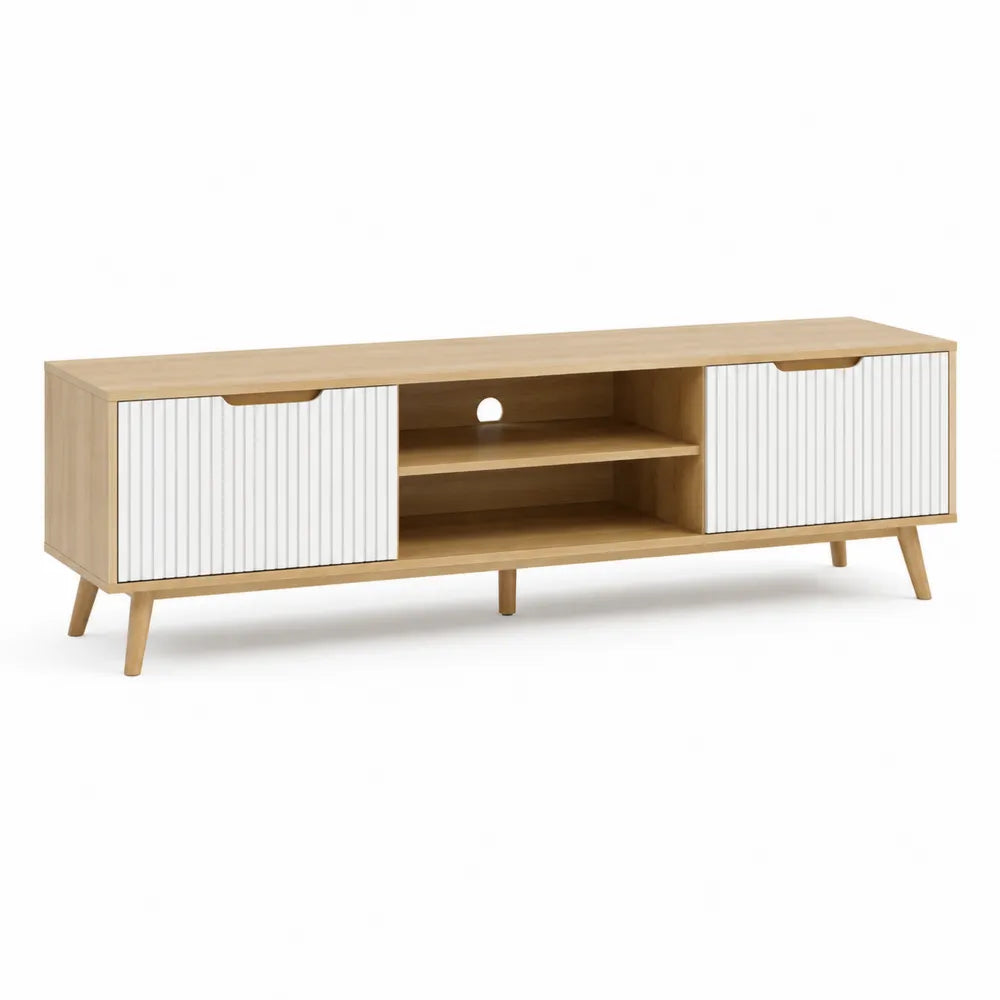 TV Lowboard 200 x 40 cm MDF mit Türen offenen Fächern Holzbeinen Weiß Eiche Rechteckig