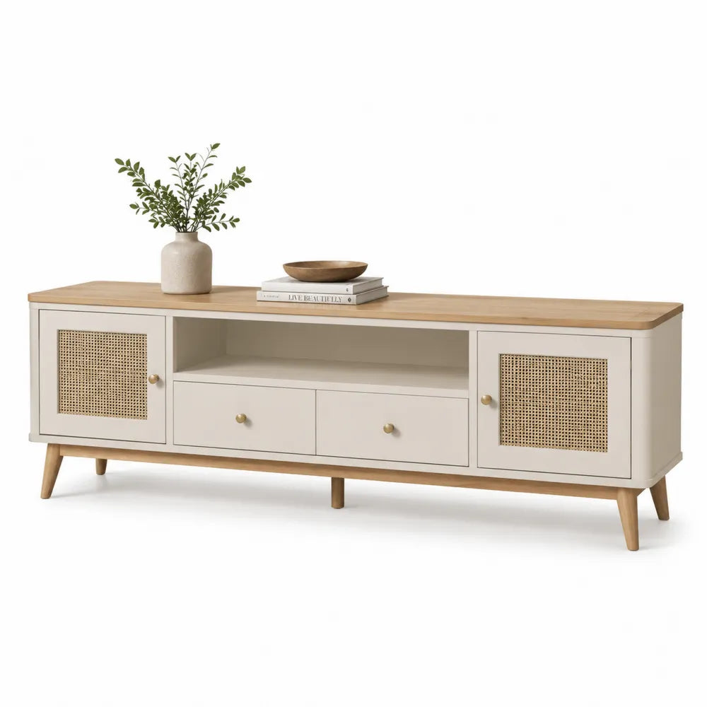 TV Lowboard 220 x 40 cm MDF mit Türen Schubladen offenen Fächern Holzbeinen Beige Natur Rechteckig