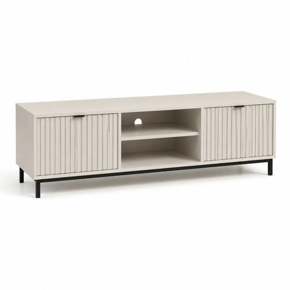TV Lowboard 220x40x55 cm MDF Holzwerkstoff Beige mit Türen offenen Fächern und Metallbeinen