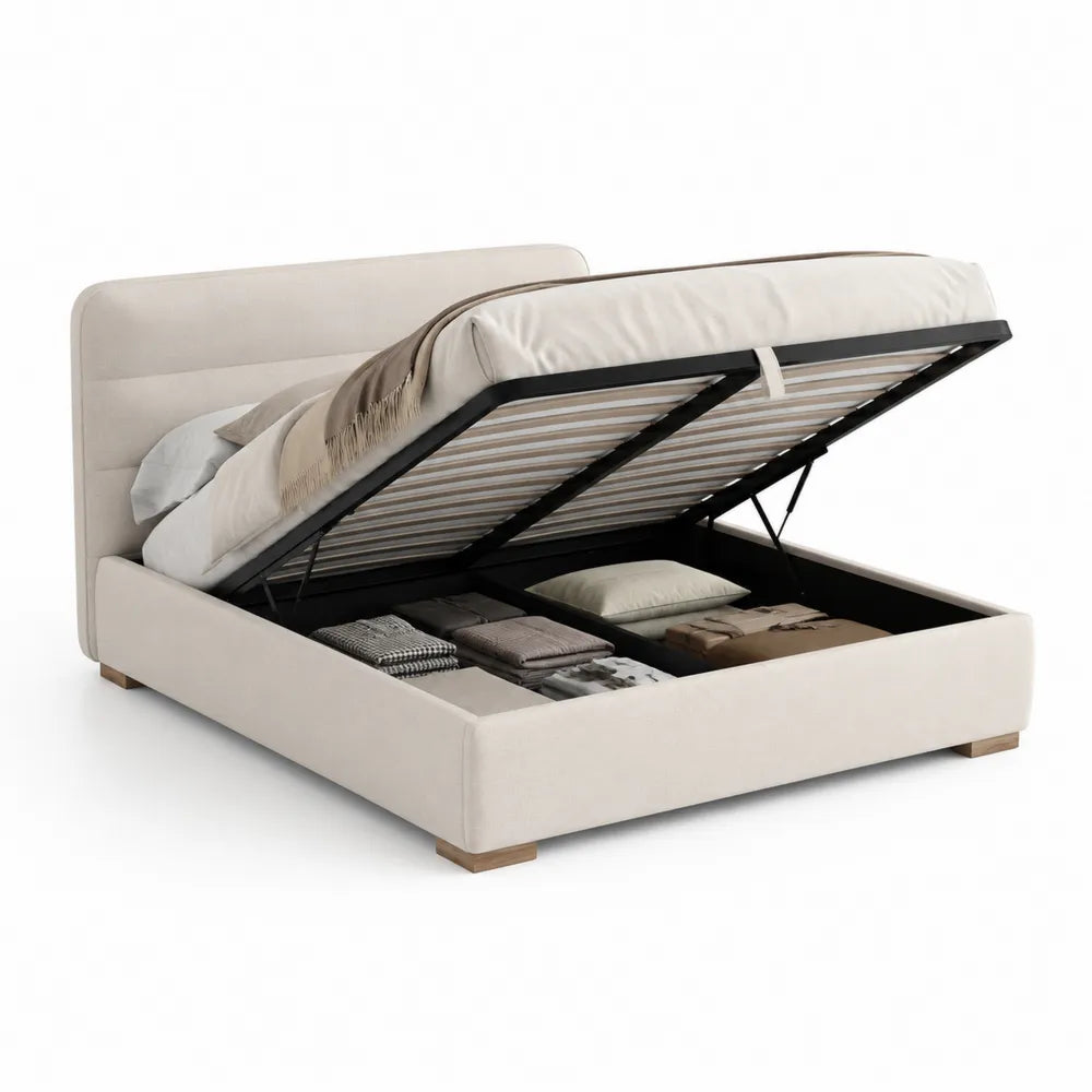 Stauraumbett Doppelbett mit Bettkasten MDF Beige gepolstertes Kopfteil 160 x 200 cm