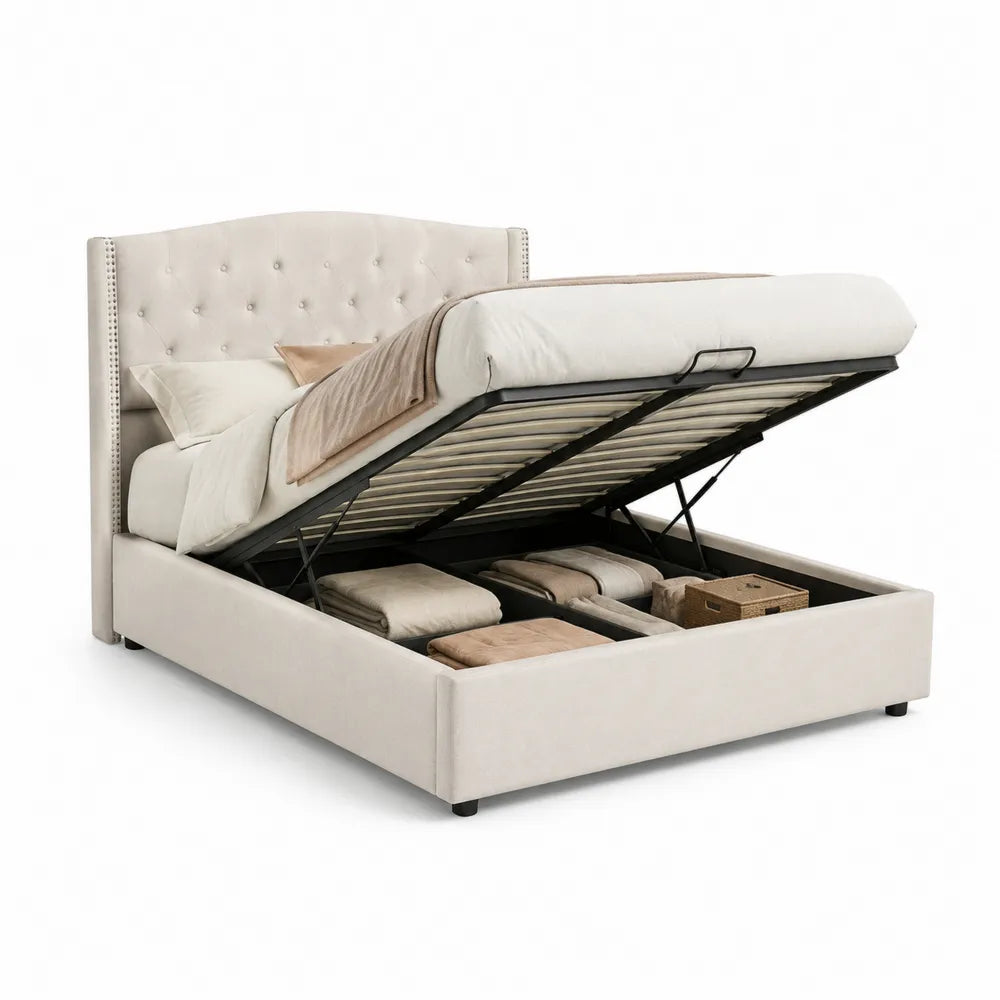Stauraumbett Doppelbett mit Bettkasten Hydraulik Hebemechanismus Polsterbett Stoffbezug Beige 180 x 200 cm