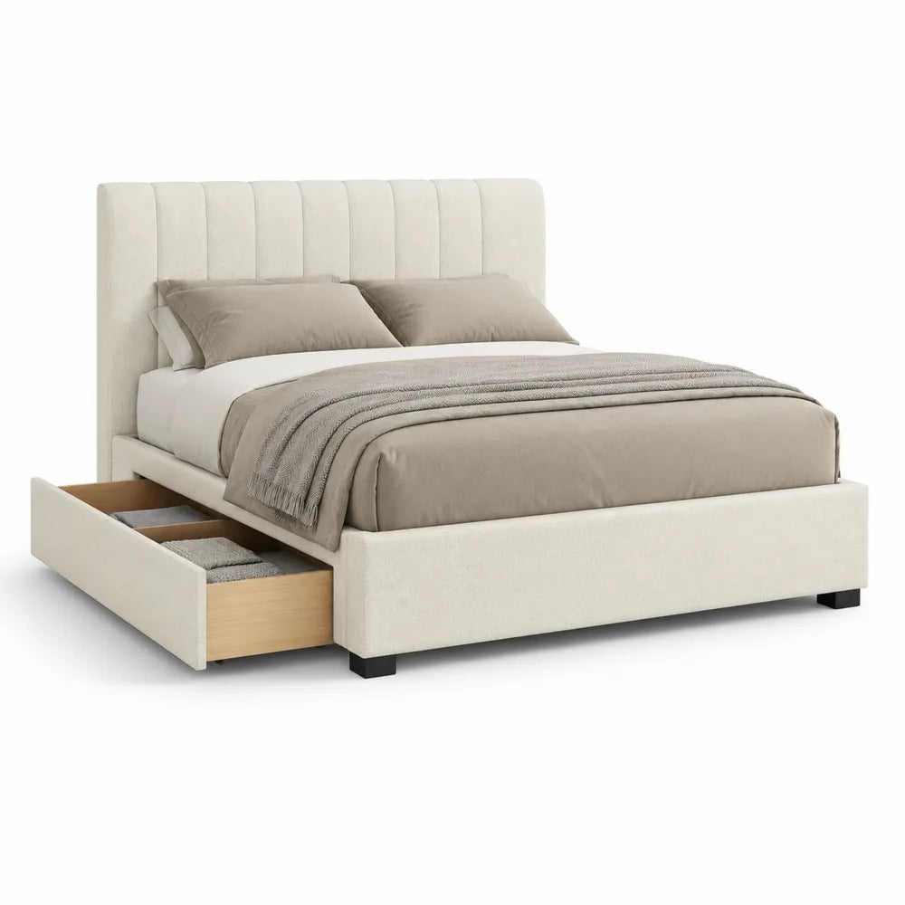Stauraumbett Doppelbett mit Schubladen Polsterbett Polyesterbezug MDF Holzrahmen Beige 180 x 200 cm