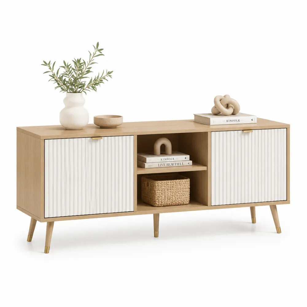 TV Lowboard 180 x 40 x 60 cm MDF Holzwerkstoff Rechteckig Beige Weiß