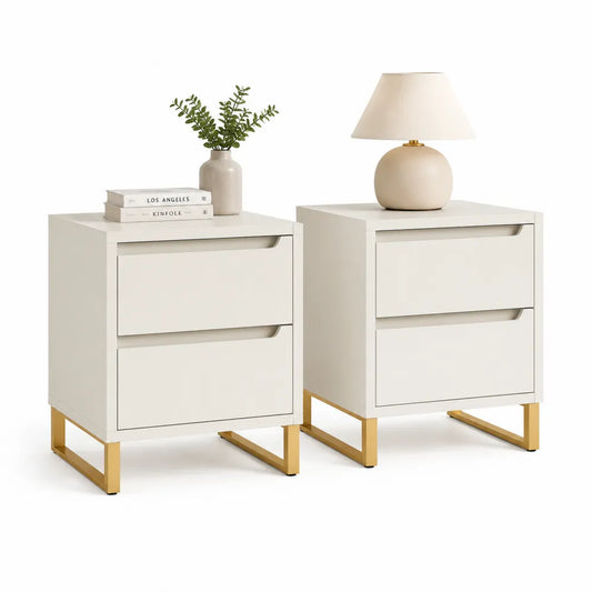 Nachttisch 2er Set 50x40 cm MDF Schubladen Metallfüße Weiß Gold Rechteckig