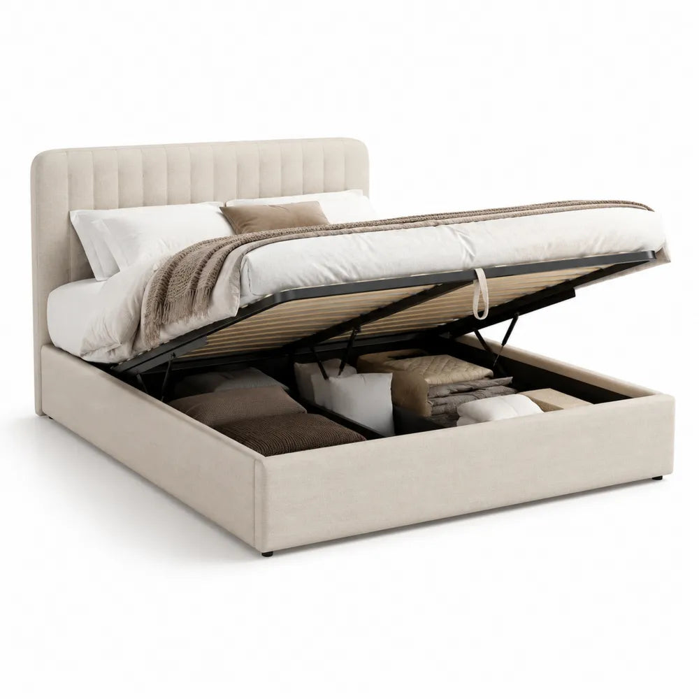 Stauraumbett Doppelbett mit Bettkasten MDF Beige gepolstertes Kopfteil 160 x 200 cm