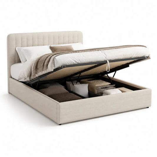 Stauraumbett Doppelbett mit Bettkasten MDF Beige gepolstertes Kopfteil 160 x 200 cm