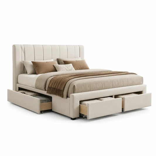 Stauraumbett Doppelbett mit 4 Schubladen 160 x 200 cm MDF Beige mit gepolstertem Kopfteil