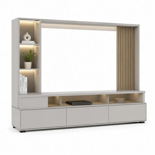 TV Wohnwand 240x35x180 cm MDF LED Beleuchtung offene Fächer Schränke Weiß Holzoptik