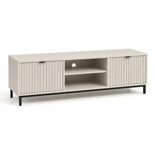 TV Lowboard 220x40x55 cm MDF Holzwerkstoff Beige mit Türen offenen Fächern und Metallbeinen