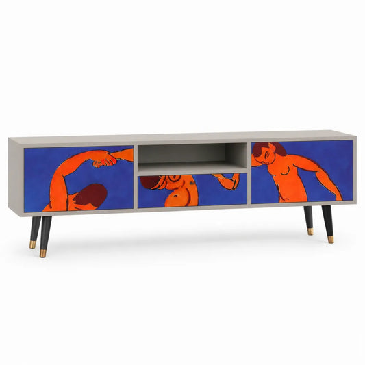 TV Lowboard 220 x 40 cm MDF mit Türen offenem Fach Metallbeinen Beige Blau Orange Rechteckig