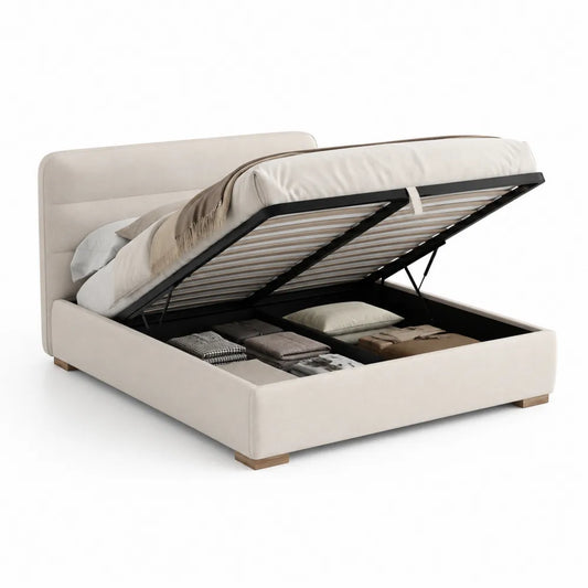 Stauraumbett Doppelbett mit Bettkasten MDF Beige gepolstertes Kopfteil 160 x 200 cm