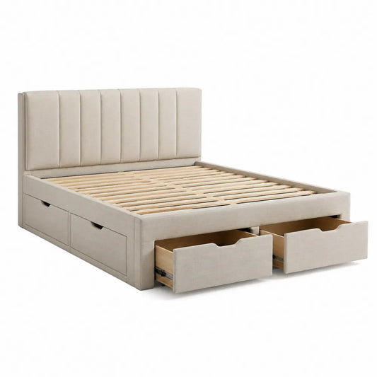 Stauraumbett Doppelbett 180 x 200 cm Polsterbett Beige mit Schubladen gepolstertem Kopfteil und Lattenrost
