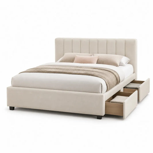 Stauraumbett Doppelbett mit 4 Schubladen 160 x 200 cm MDF Beige mit gepolstertem Kopfteil