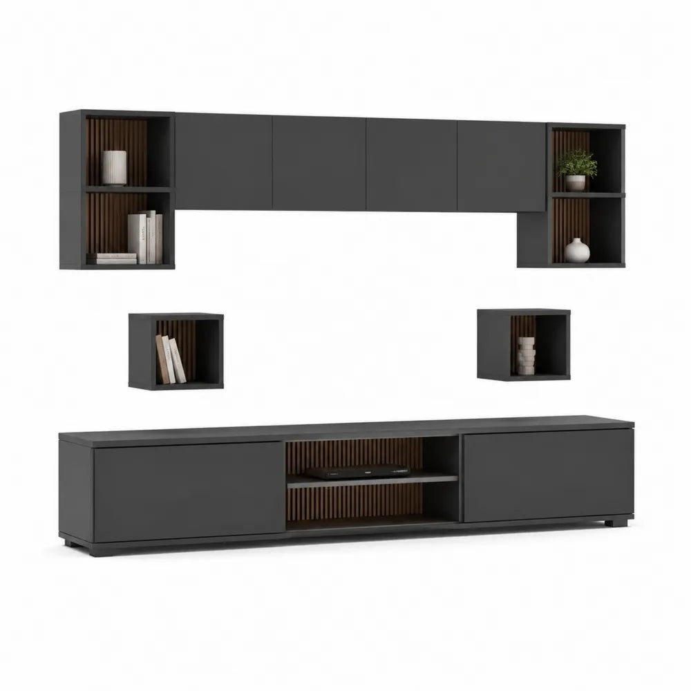 TV Wohnwand Set 300x40x200 cm MDF Hängeschränke Lowboard offene Fächer Schwarz Holzoptik