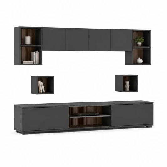 TV Wohnwand Set 300x40x200 cm MDF Hängeschränke Lowboard offene Fächer Schwarz Holzoptik