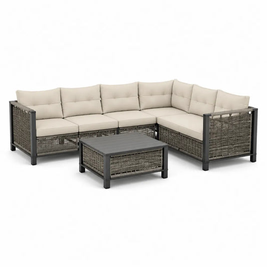 Garten Lounge Set Ecksofa mit Couchtisch PE Geflecht Aluminium Grau Beige 320 x 220 x 75 cm