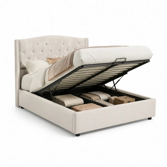 Stauraumbett Doppelbett mit Bettkasten Hydraulik Hebemechanismus Polsterbett Stoffbezug Beige 180 x 200 cm