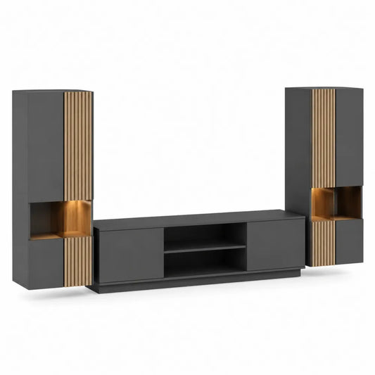 TV Wohnwand Set 300 x 40 cm MDF mit Lowboard Vitrinenschränken offenen Fächern LED Beleuchtung Schwarz Eiche Rechteckig